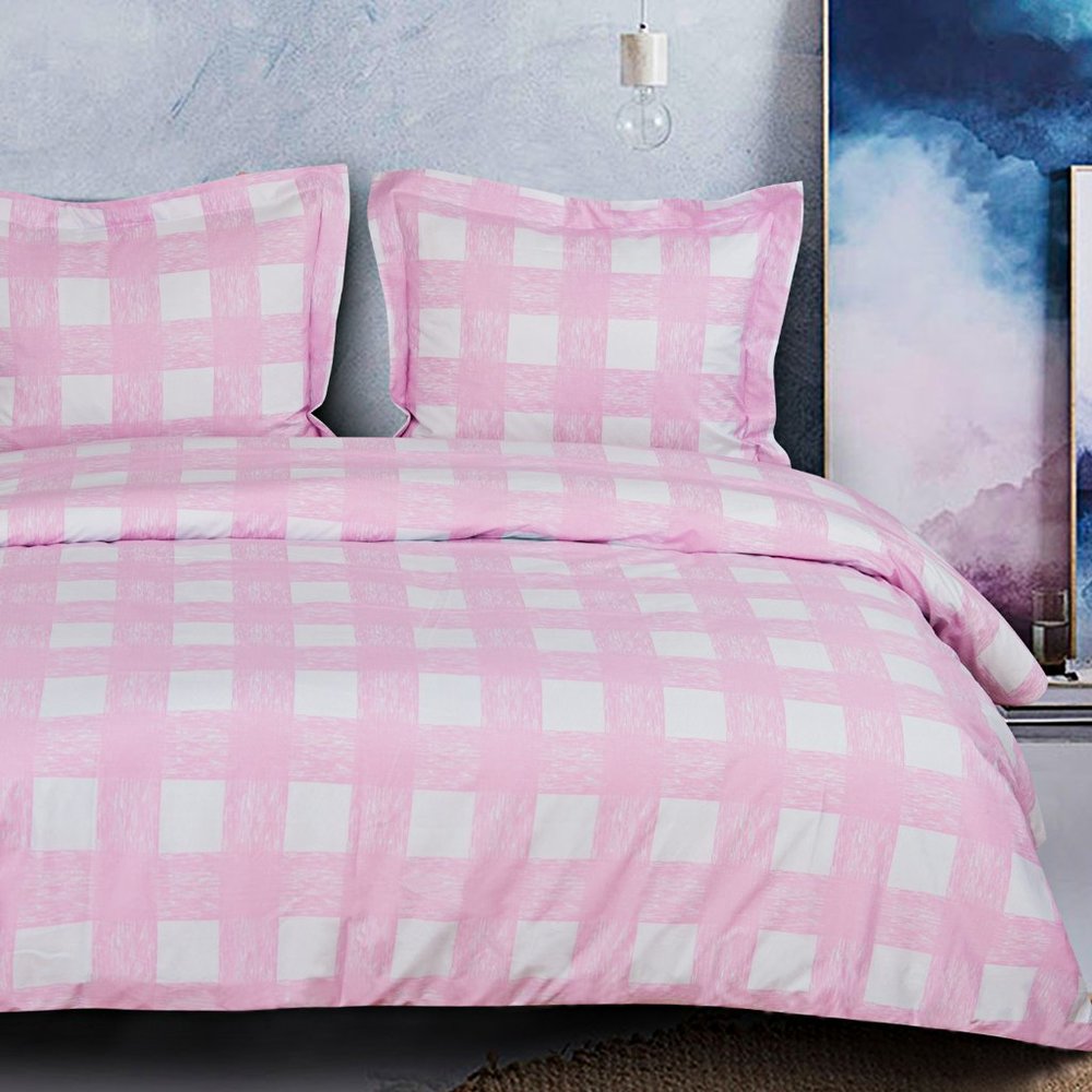 3 Pcs King Microfiber Duvet Cover Set, Pink Grid